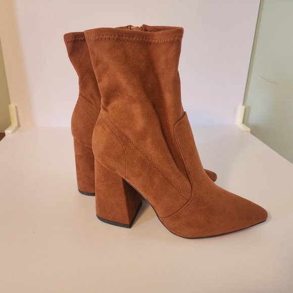 Womens Chunky Heel Pointed Toe Boots Vegan Leather Suede Winter Boot - Picture 5 of 8